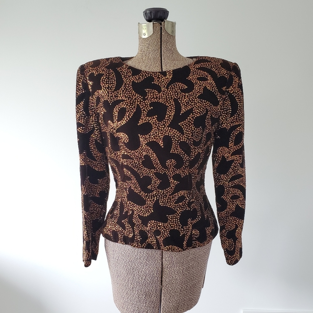 Vintage Fitted open back Brown Velvet top with gold glitter Print Size 8